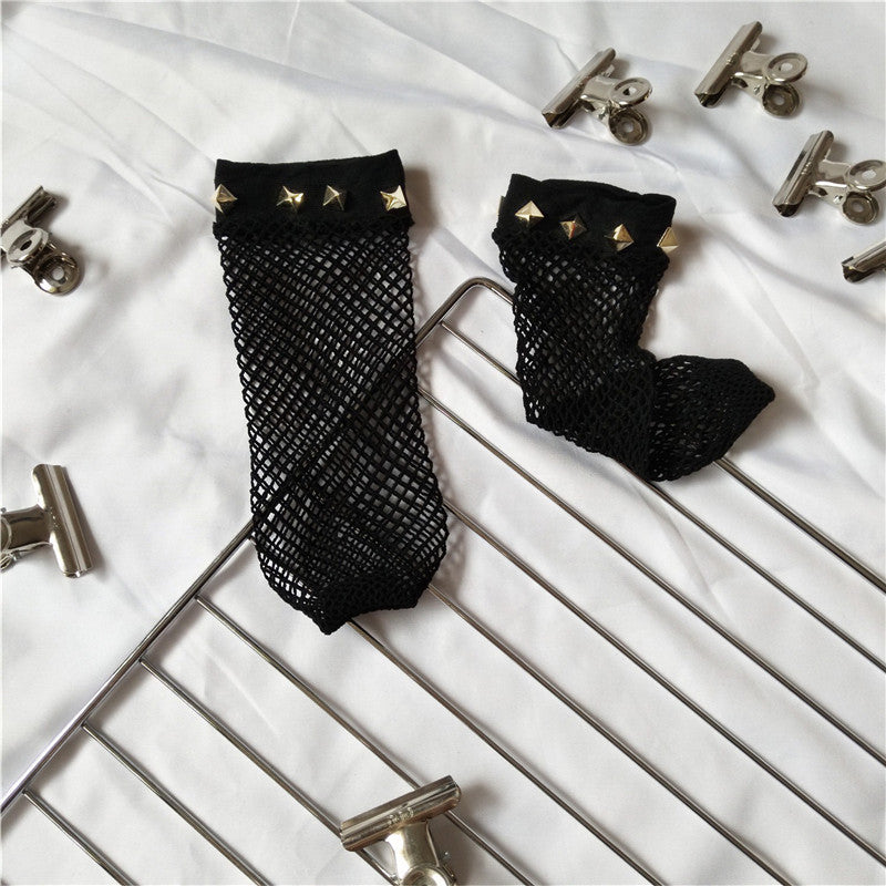 Hollow Cross Fishing Grid Socks Nails Pearl Socks Perspective