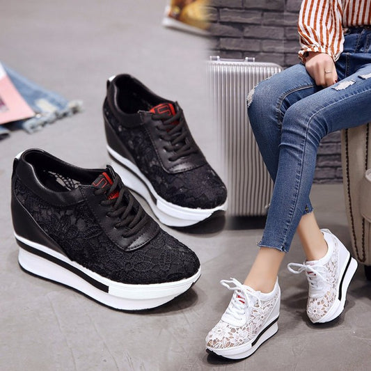 Spring And Summer Mesh Shallow Mouth Round Toe Sponge Cake With Rubber Lace-Up Shoes