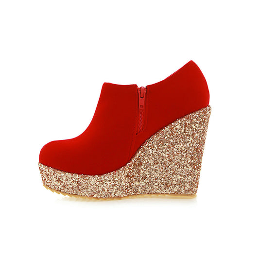 Women Sandals Serpentine Stitched Vintage Wedge High Heel Cover Heel Pumps Shoes