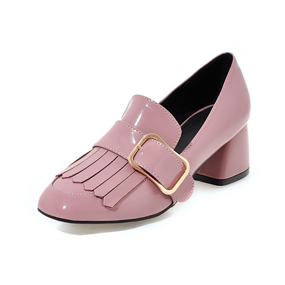 Square Toe Patent Leather Belt Buckle Solid Color Korean Style Thick Heel Ladies Shoes