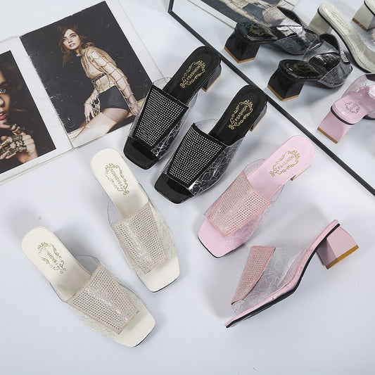 Rhinestone Rubber Casual Fashion Flat Head Spot One-shaped High-heeled Slippers