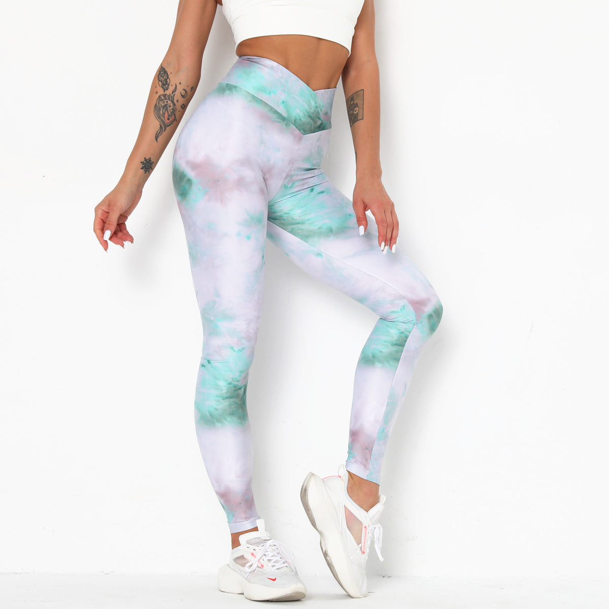 Printed Tie-dye Fitness Pants, Cross-waist Pants, Sports Tight-fitting Hip-lifting Yoga Pants