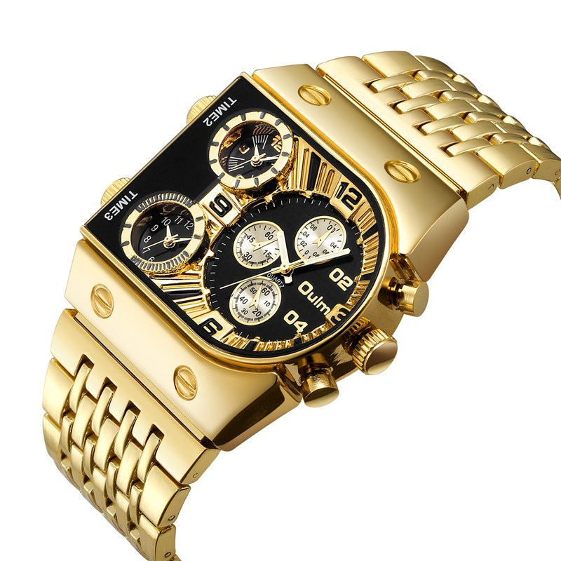 Oulei New Men's Quartz Watch Fashion Watch D-shaped Large Dial Steel Belt Multi-time Zone Luminous