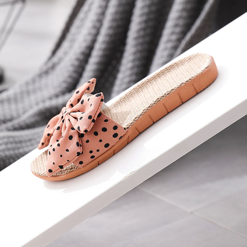 Bowknot Linen Slippers Women Cute Polka Dot Home Women's Linen Slippers