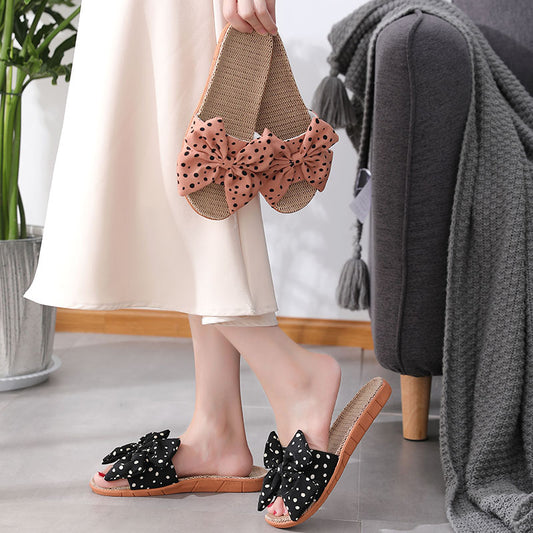 Bowknot Linen Slippers Women Cute Polka Dot Home Women's Linen Slippers