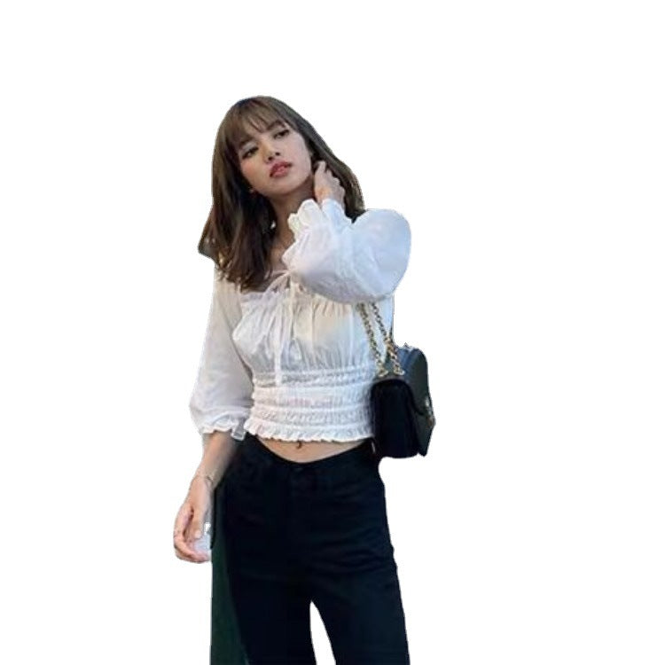 Black Lisa Same Style Square Neck Elastic Waist Pleated Jacket