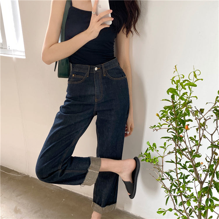 Dark Blue Rolled Jeans Loose And Thin High-waisted Retro Straight-leg Pants