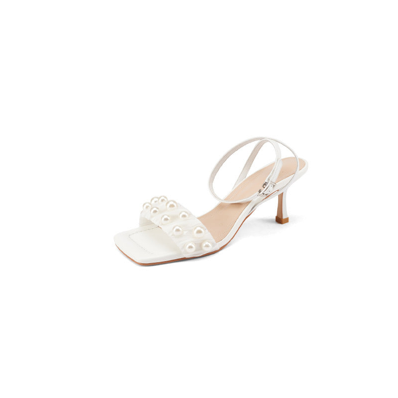 High-heeled Pearl Gauze Sandals French