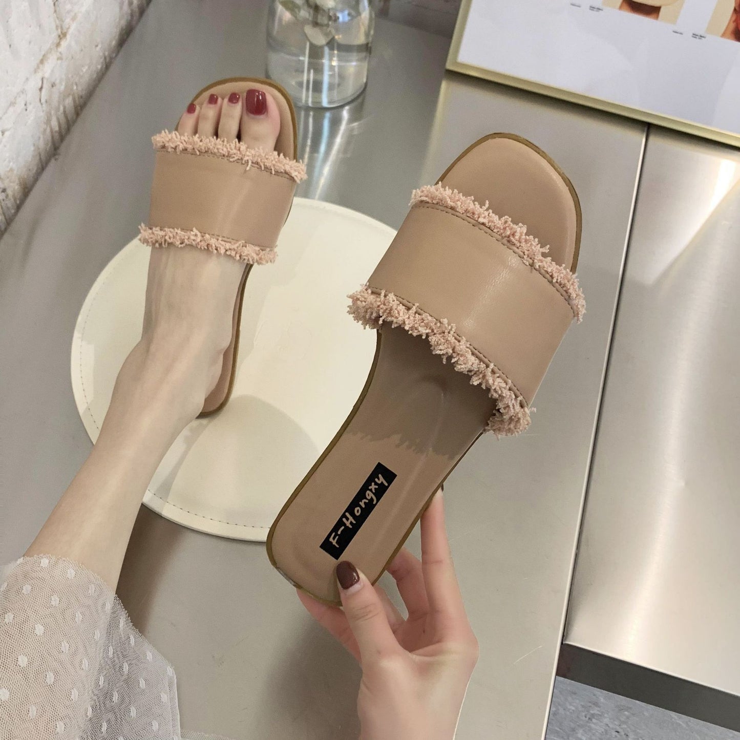 Fashion Outer Wear One-word Tassel Sandals And Slippers