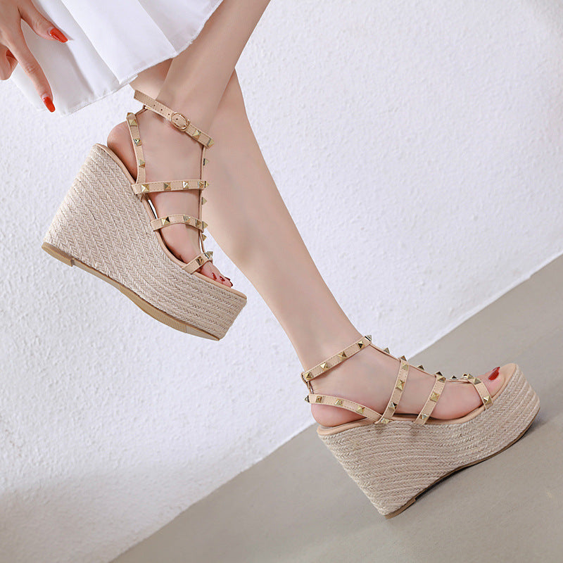Sponge Cake Platform Rivet High-heeled T-strap Roman Heightened Wedge Sandals