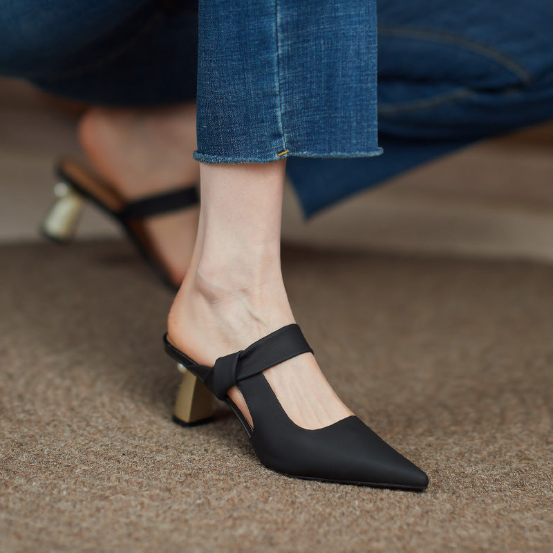 Full Leather High Heel Slippers Women Soft And Comfortable Sheepskin Pointed Toe Women's Shoes