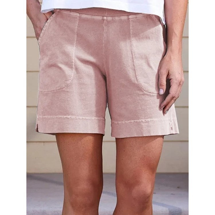Pure Color Cotton And Linen Ladies Pocket Casual Shorts