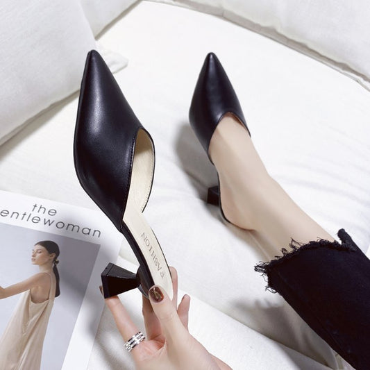 Pointed Toe-toe Lazy Shoes Mid-heel Chunky Rubber