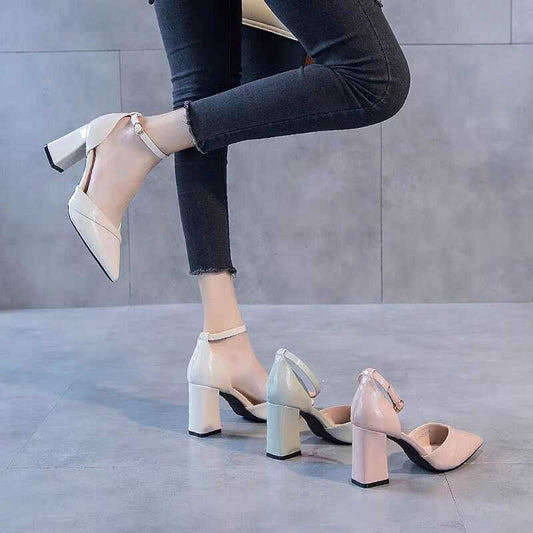 Patent Leather Buckle Single Shoes Versatile Shallow Point-toe Shoes