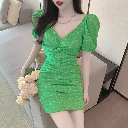 Thin Little Floral Chiffon Green Dress