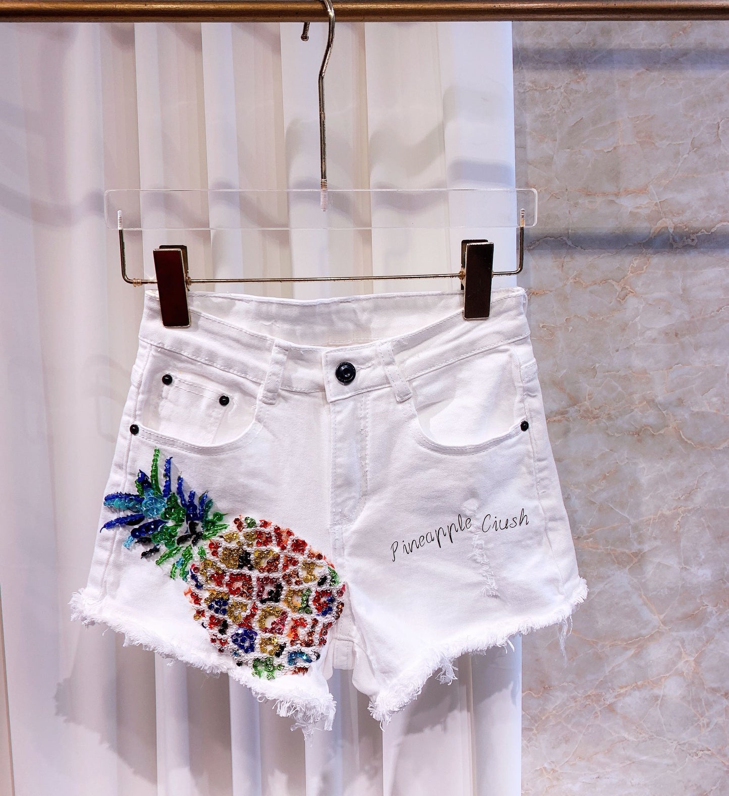 Subtitled Rhinestone Stretch Denim Ladies Shorts