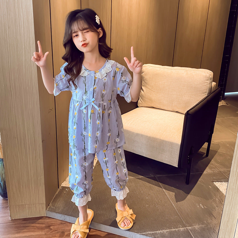 Home Wear Short-sleeved Cotton Air-conditioned Pajamas For Little Girls
