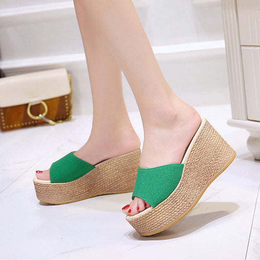 Womens Sandals Shoes Wedge Sequins Slippers Flock Thick Platform Flip