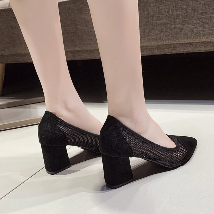 Hollow Thick Heel Net Yarn Pointed Thick Heel Single Shoes Women