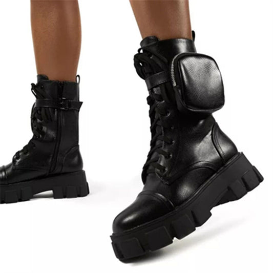 Women's European And American Round Toe Lace Up Thick-soled Large Size Short Boots Motorcycle Boots