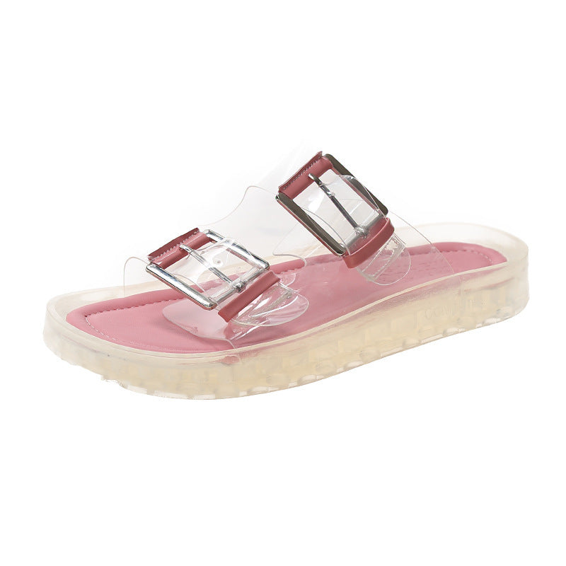 Flat Transparent Beach Slippers With One-word Buckle