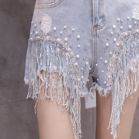 Diamond Fringed Denim Shorts Women's Summer Net Celebrity High-Waisted A-Line Wide-Leg Pants Wearing Casual Hot Pants