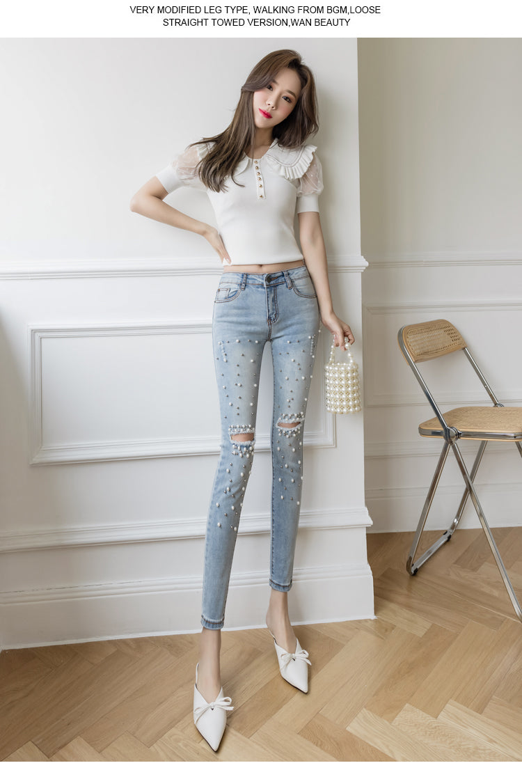 Light Color Retro Hole Beaded High Waist Cropped Pencil Pants