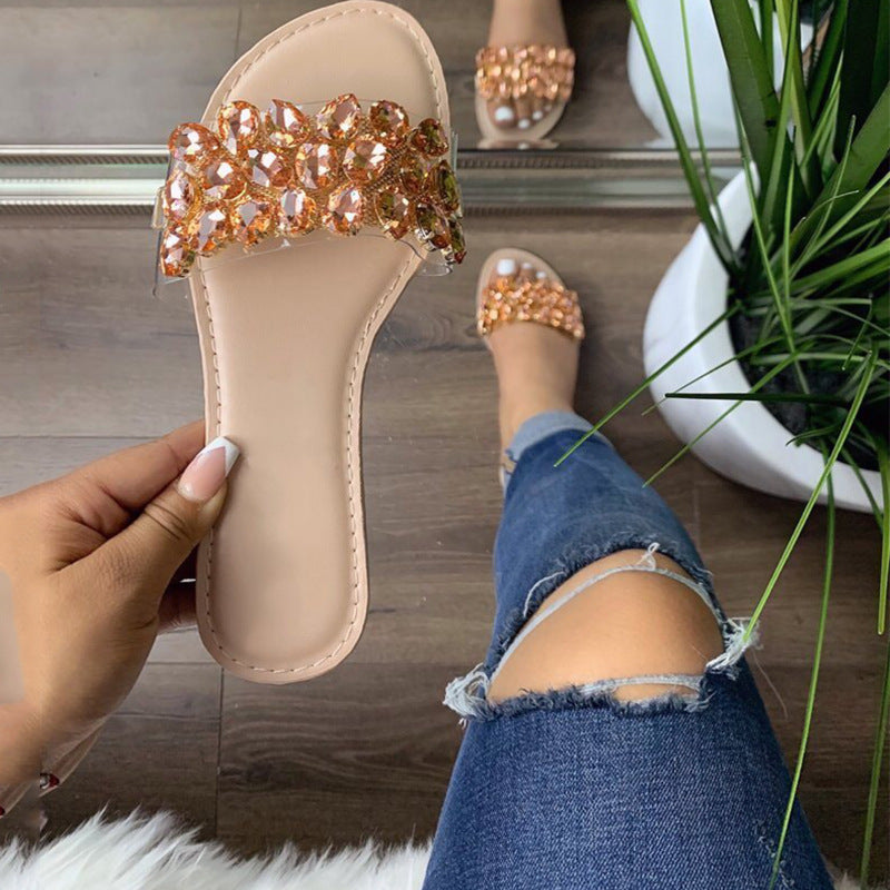 Fashion Rhinestone Flat-bottomed Women's Slippers