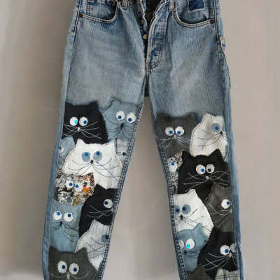 Nye 3D Varmetransferprintede Flared Jeans-stil Bukser I Faux Denim
