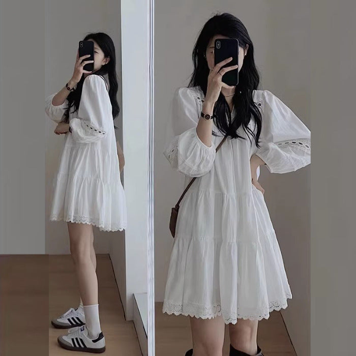 Womens Ethnic-Style Hollowed-Out French-Style Patchwork Long-Sleeve Dress