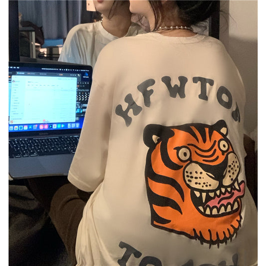 Striped Cotton Loose Fitted Crewneck Lettering Short Sleeve T-Shirt