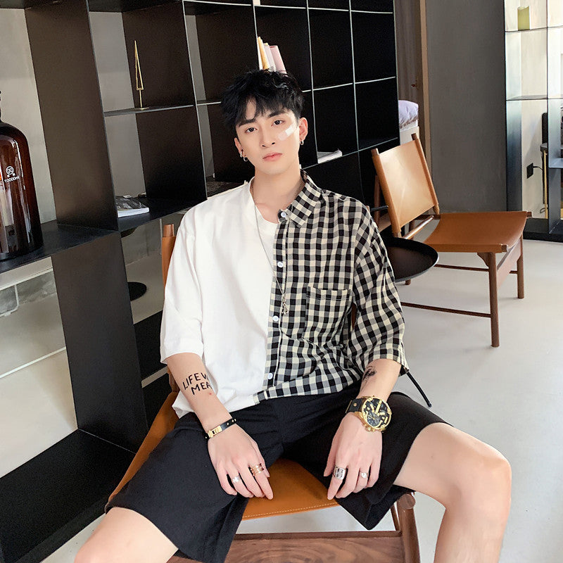 Men's stitching check half-sleeved loose shirt