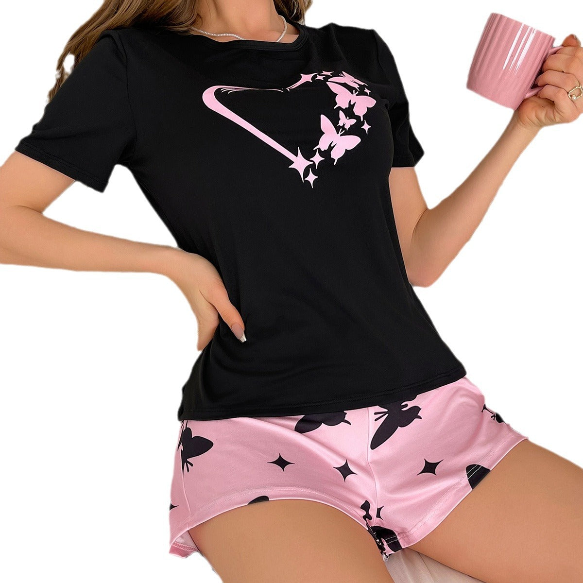 Casual Home Heart-shaped Butterfly Print Short-sleeve Pajama Shorts Set