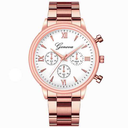 Three - eye quartz watch with steel belt