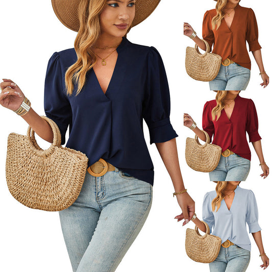 V-neck Mid-sleeve Comfortable Breathable Casual Top