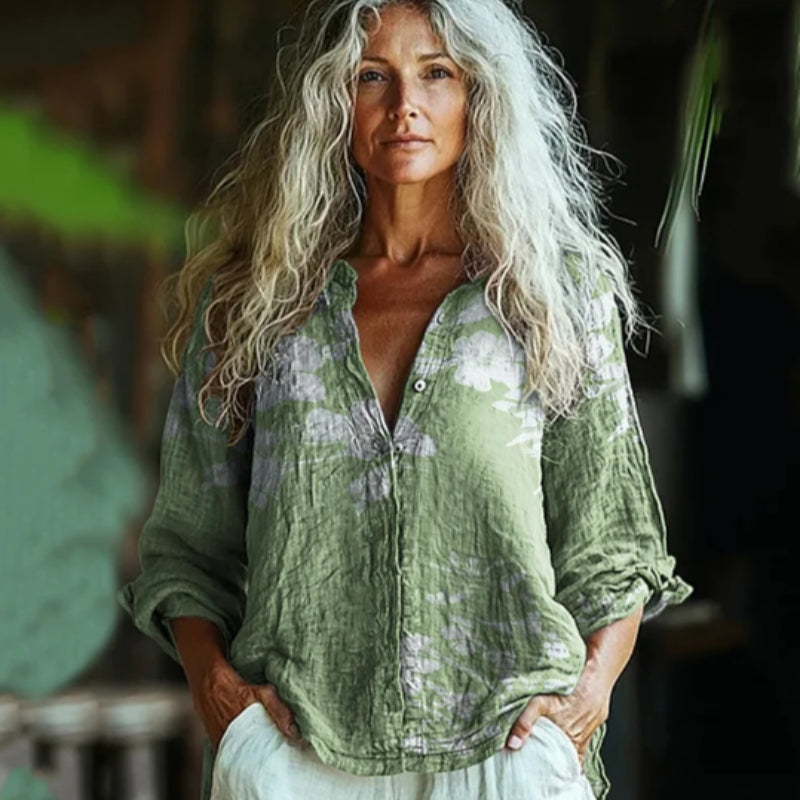 Boho-stil grøn hørblomstret langærmet skjorte med kunstprint