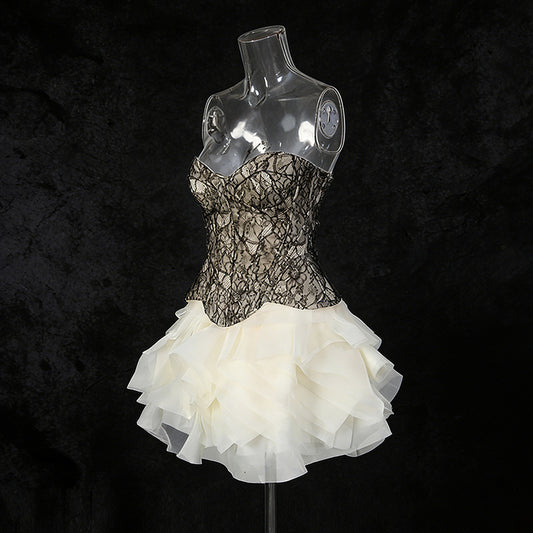Heavy-embellished Tube Top Solid-color Bubble Skirt For Women