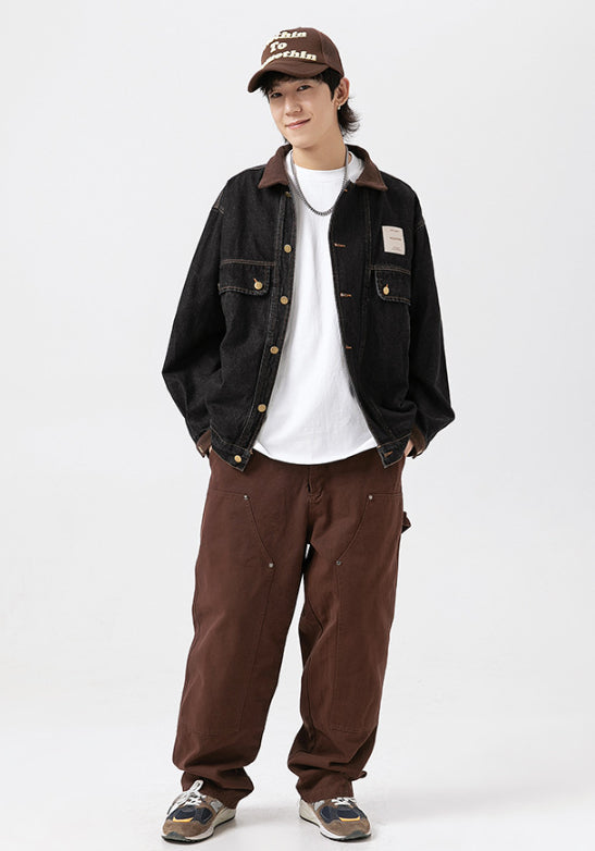 Color Stitching Turnover Neck Profile Pocket Denim Jacket