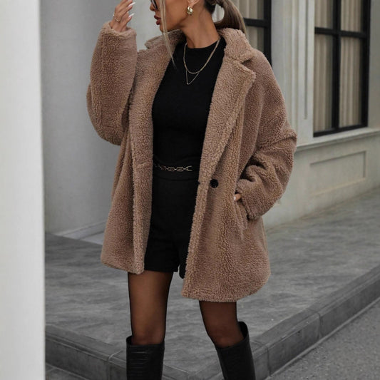 Women's Fluffy Long Sleeve Collar Fleece Top Coat