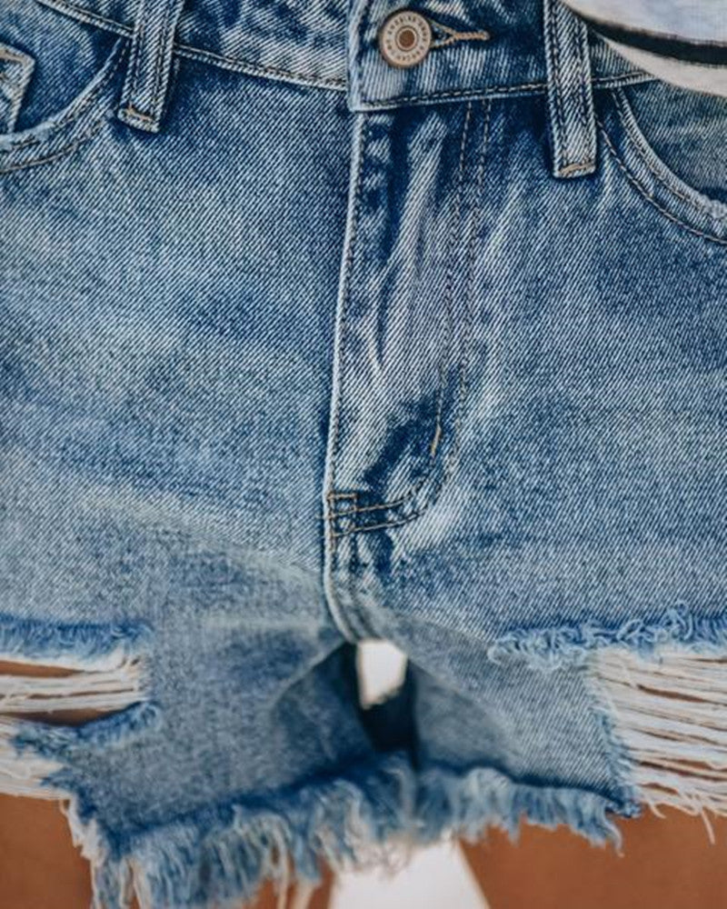 Button Hole Fringed Jeans Shorts Hot Pants