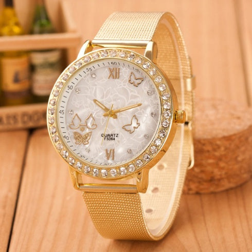 Double row diamond gold net with watch Roman numeral scale water diamond English watch