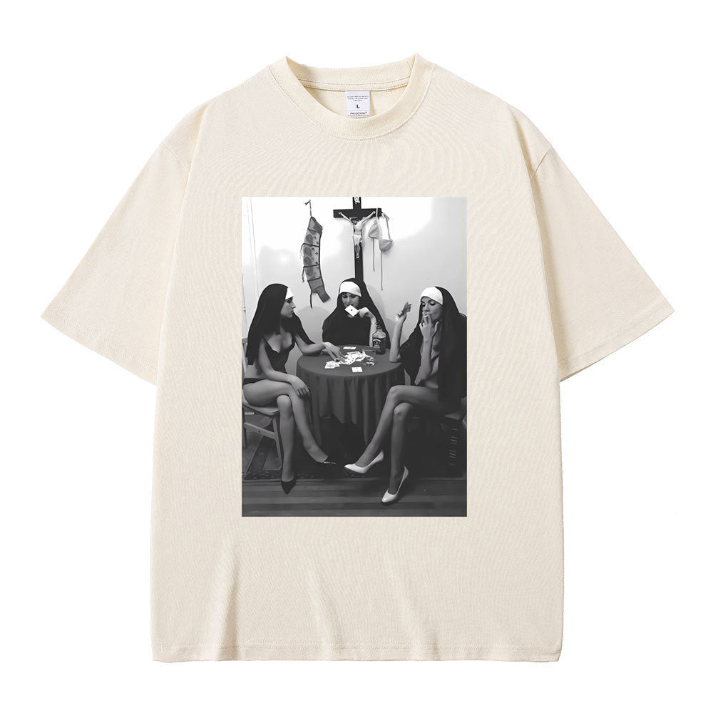 Nuns Naked Playing Card Smoking Drinking Funny Meme T-Shirt