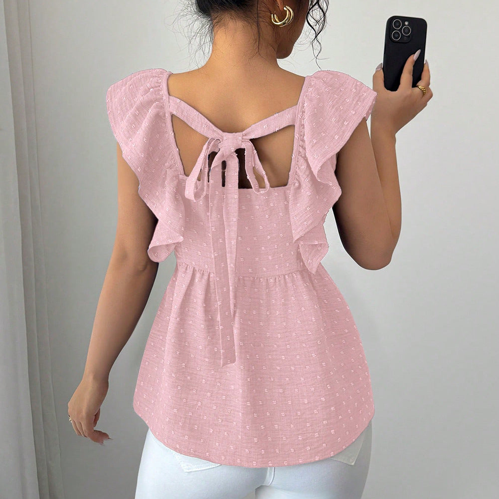 Korean-style Polka-dot Printed Bishop-sleeve Top