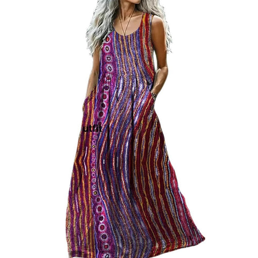 Womens Loose Fit Long Dress With Ocean Floral Print And Large Pockets