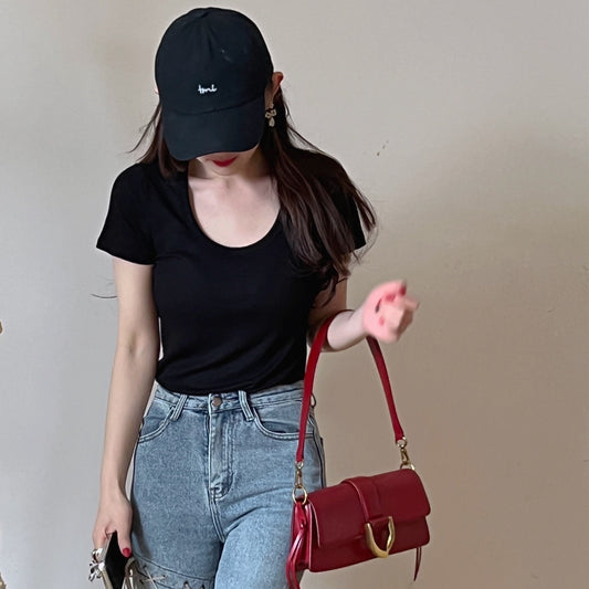 Threaded Cotton Short T-Shirt Versatile Round Neck Half Sleeve Top
