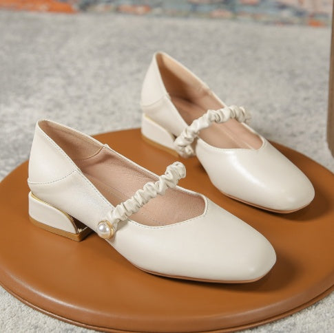 Vintage One Word Strap Square Toe Chunky Heel Ladies Shoes