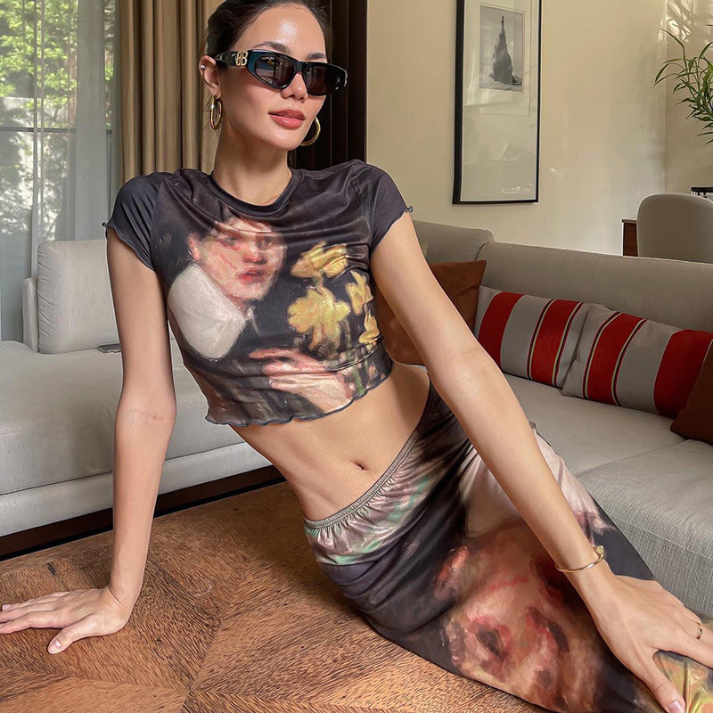 Women's Printed Round Neck Short Sleeve T-shirt Long Dress Suit