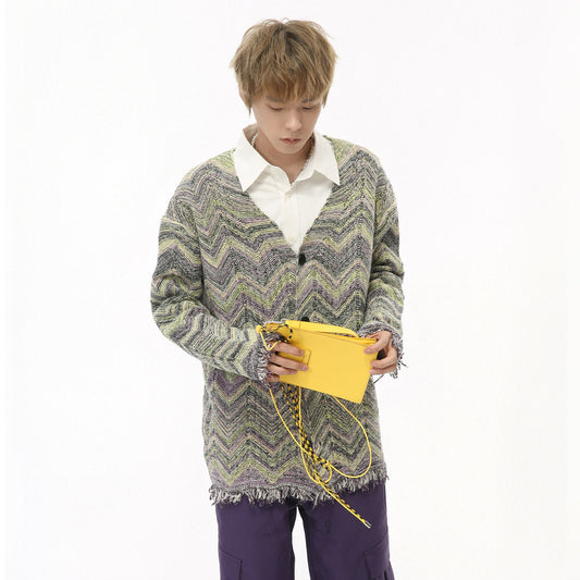 Retro Contrast Color Sweater Wave Striped Knitted Cardigan Jacket