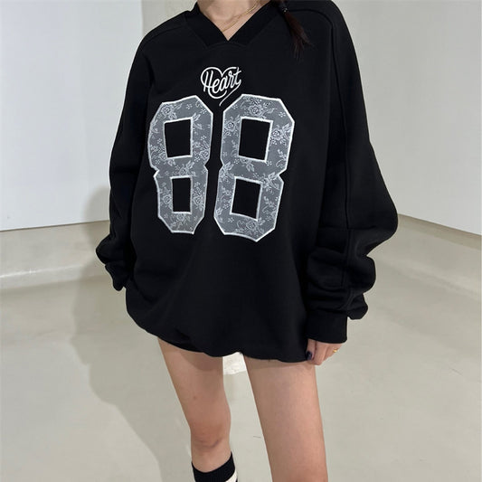 Bogstav V-hals Sports Sweater Løs Dame