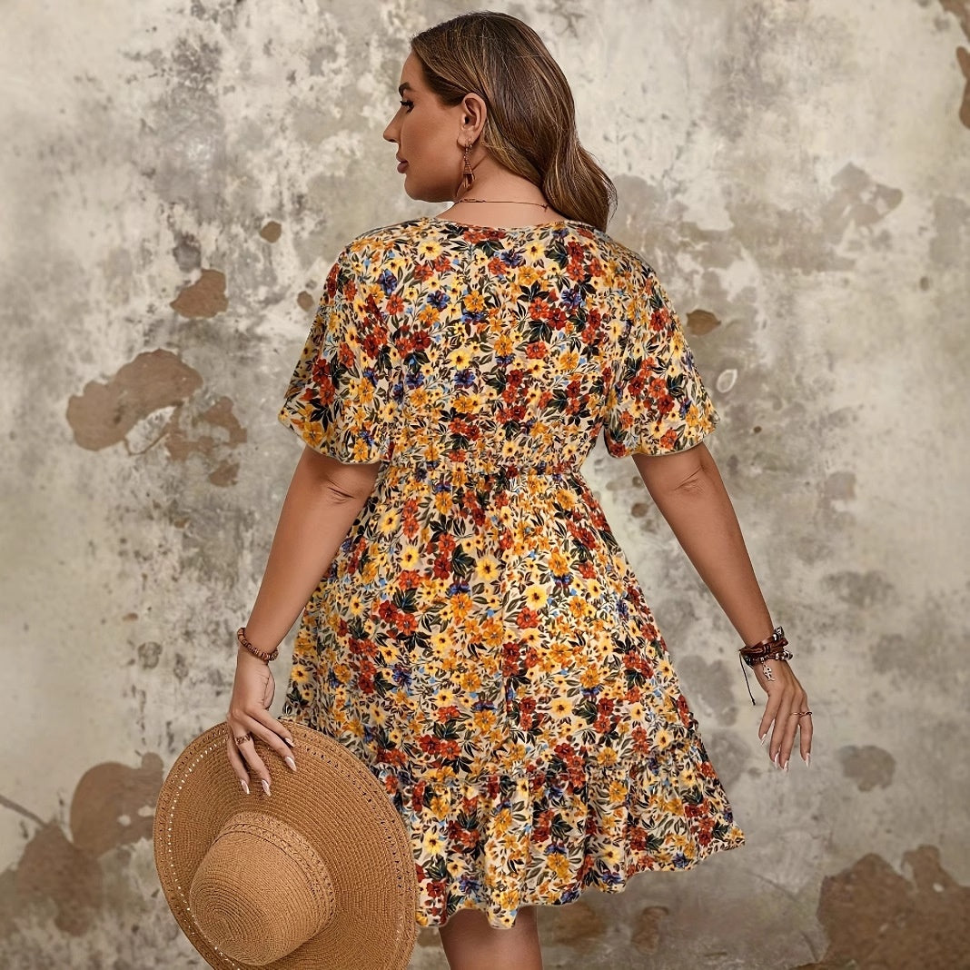 Womens Buttoned Printed Plus-Size Bohemian Summer Dress